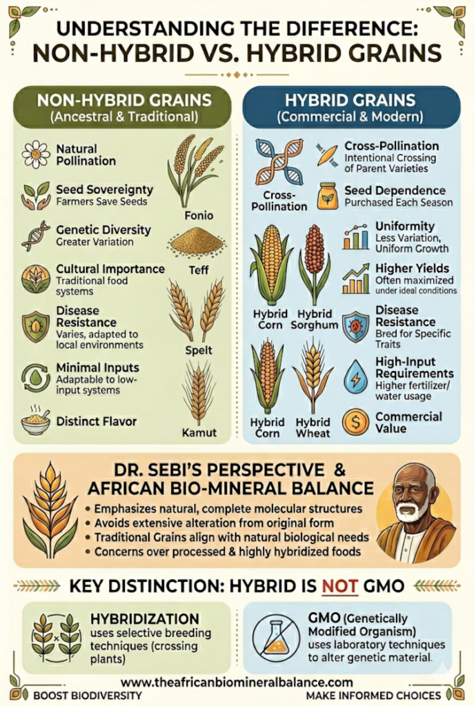 Infographic comparing Non-Hybrid vs Hybrid Grains by The African Biomineral Balance. Features ancestral open-pollinated varieties like Fonio, Teff, Spelt, and Kamut alongside Dr. Sebi’s perspective on molecular structure and seed sovereignty. Explains why hybrid is not GMO.