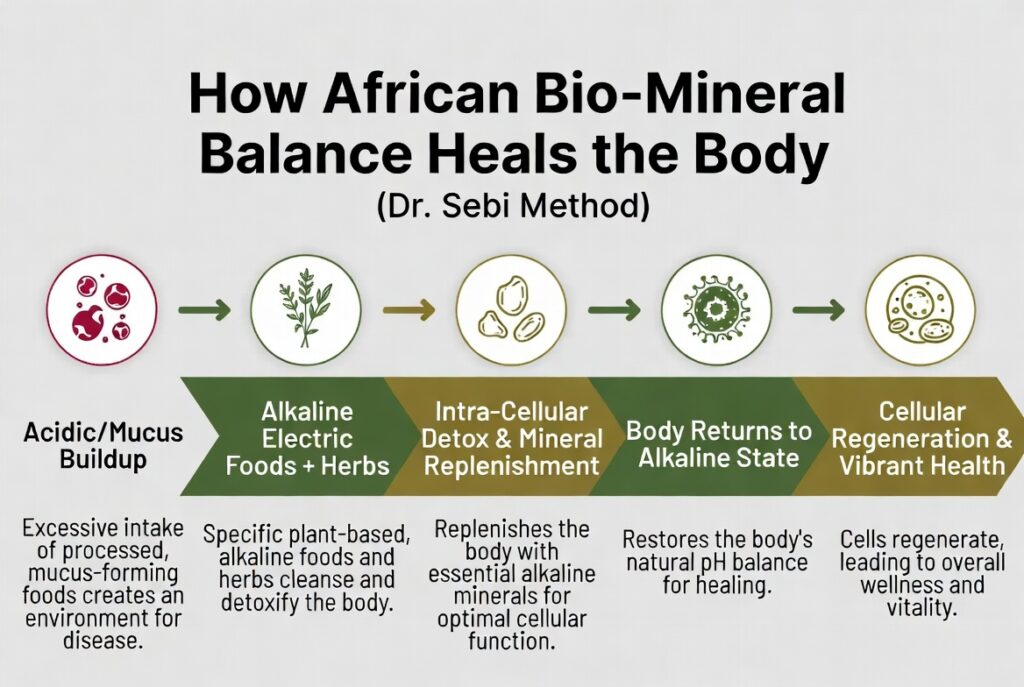 Dr. Sebi African Bio-Mineral Balance healing process infographic - from detox to natural health