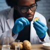 Scientist holding potato