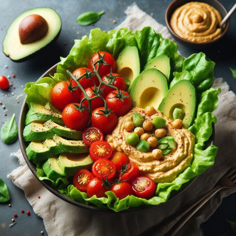 One Day on the Dr. Sebi Nutritional Guide: A Realistic Meal Plan Avocado Tomato Salad + Garbanzo Hummus with Lettuce Wraps
